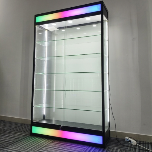 39” Glass Display Case with Lock & Lightbox – Black Aluminum Frame (14” W x 79” H)