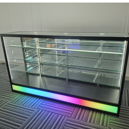 71” Glass Display Case with Lock & Bottom Lightbox – Black Aluminum Frame (18” W x 39” H)