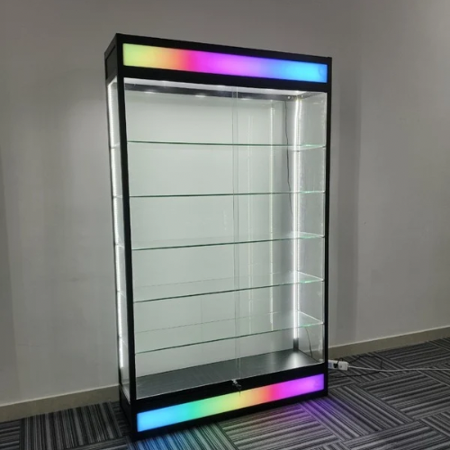 39” Glass Display Case with Lock & Lightbox – Black Aluminum Frame (14” W x 79” H)