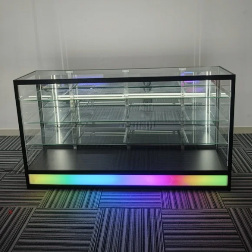 71” Glass Display Case with Lock & Bottom Lightbox – Black Aluminum Frame (18” W x 39” H)