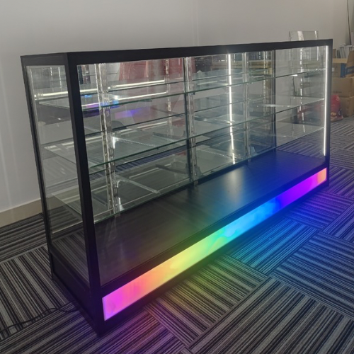 71” Glass Display Case with Lock & Bottom Lightbox – Black Aluminum Frame (18” W x 39” H)