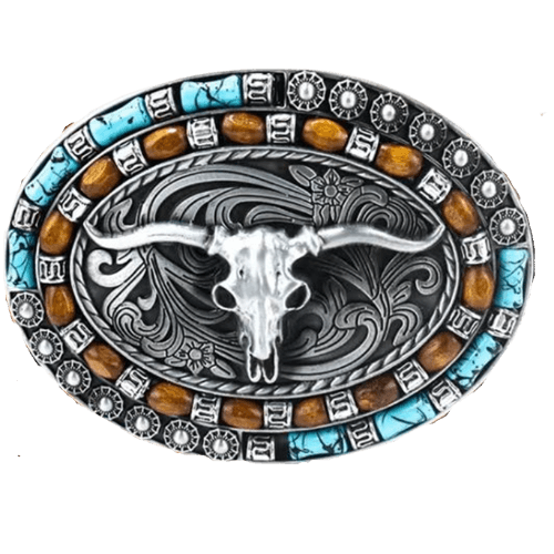 Cowboy Belt Buckle Beaded Bull Skull