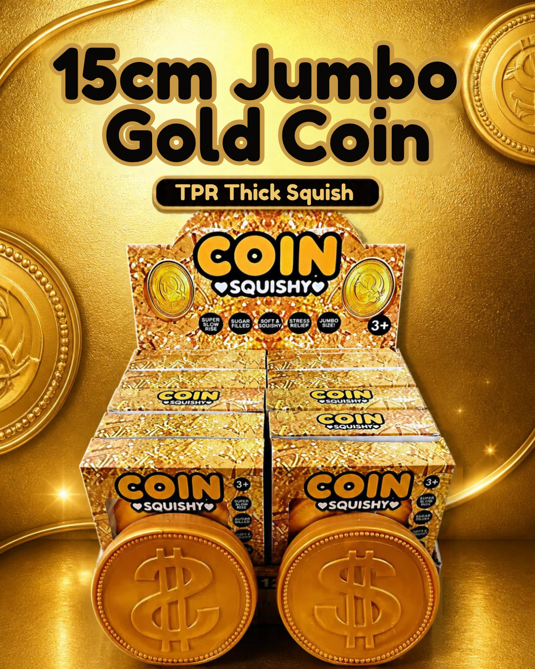 THICK GOLD COIN SHAPED SQUISHY TOY – 12pcs per Display Box | 15cm