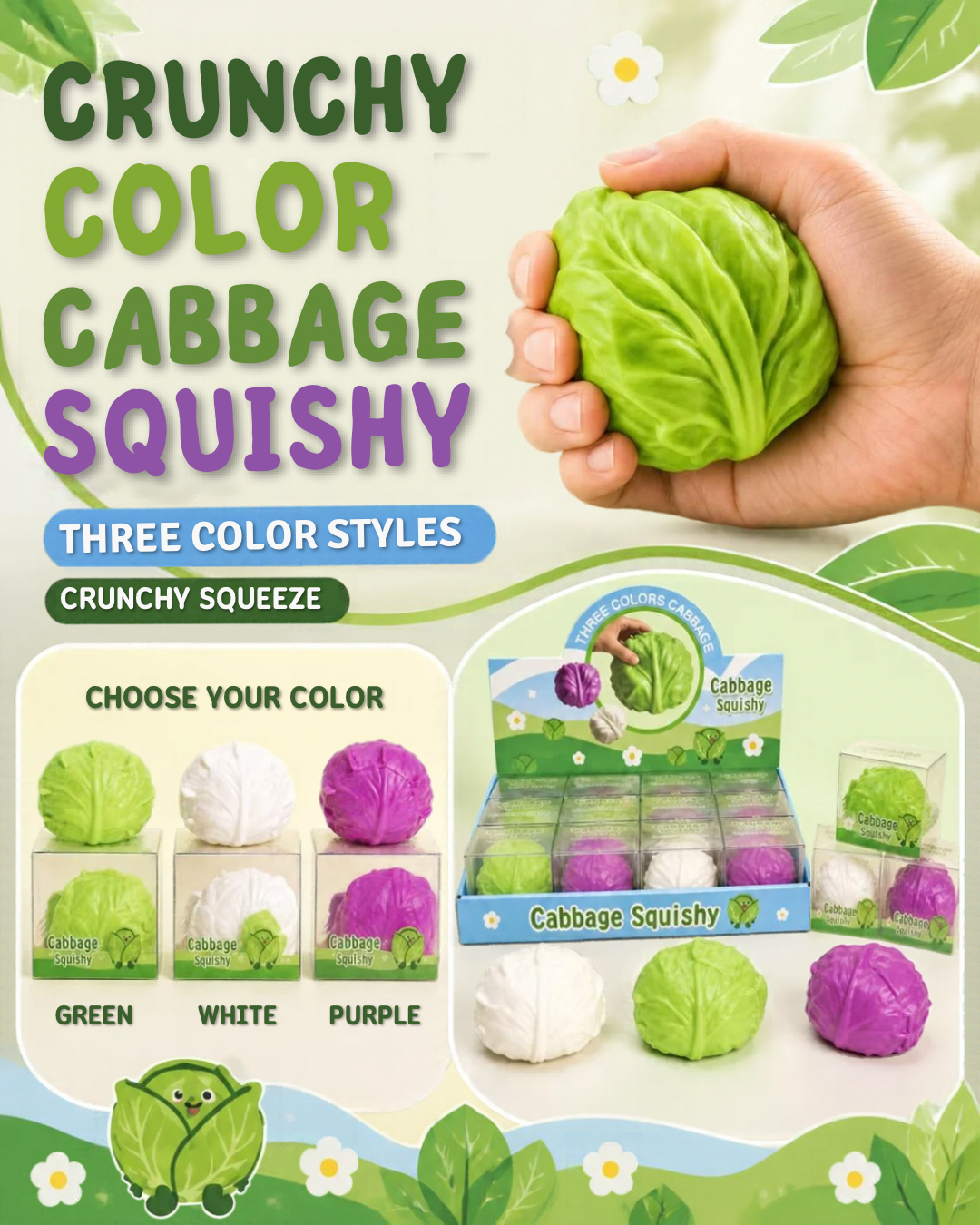 CRUNCHY CABBAGE SQUISHY  3 Colors Per Box| 12-Piece Display Box