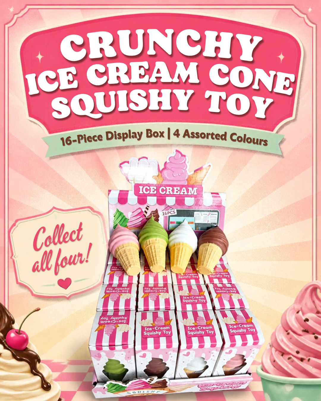 CRUNCHY ICE CREAM CONE  SQUISHY  3 Colors Per Box| 16-Piece Display Box