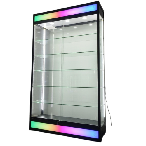 39” Glass Display Case with Lock & Lightbox – Black Aluminum Frame (14” W x 79” H)