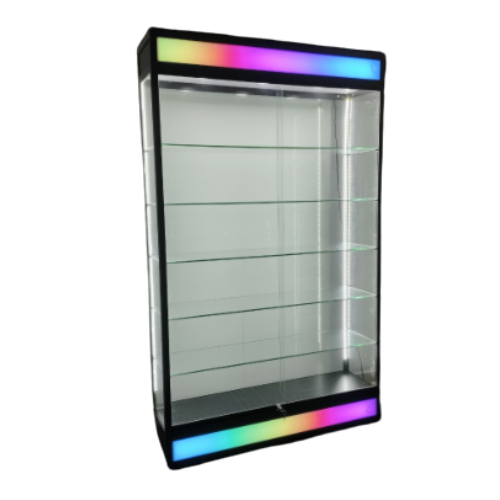 39” Glass Display Case with Lock & Lightbox – Black Aluminum Frame (14” W x 79” H)