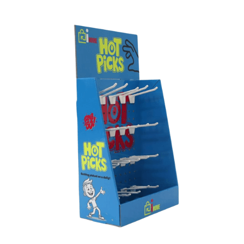 HOT PICKS Corrugated Counter Display Stand – Secure Retail Pegboard with Hooks & Locks Blue